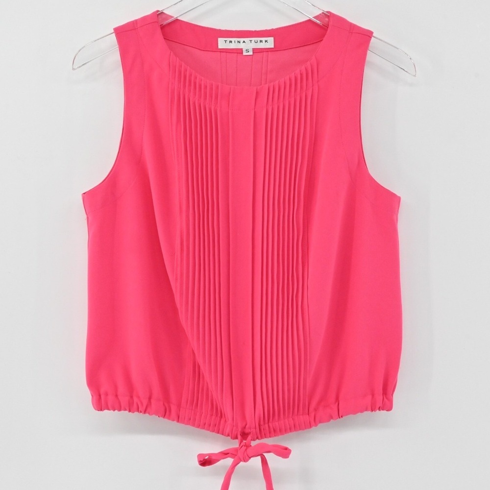TRINA TURK Womens Pleated Top Size S Hot Pink Tie Front Feminine Sleeveless Chic